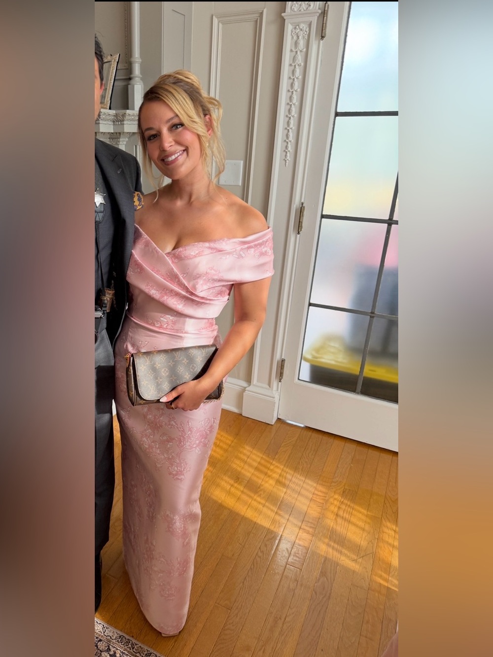 Elegant Off-Shoulder Pink Floral Bridesmaid Satin Dress